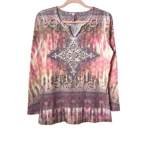 Y2K Fairy Boho Rhinestone Ribbed Knit Top Kiara Womens XL Pink Sunset Grunge